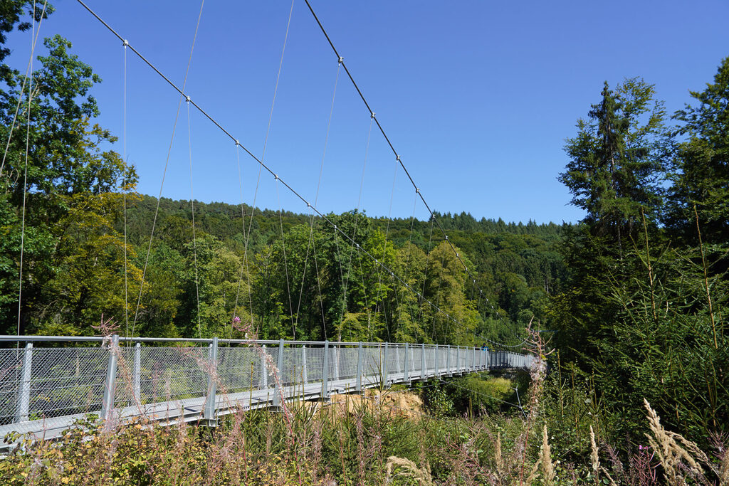Die Irreler Hängeseilbrücke spannt sich über die Prüm und ist von einer herrlichen Landschaft in der südlichen Eifel bei der Teufelsschlucht eingerahmt
