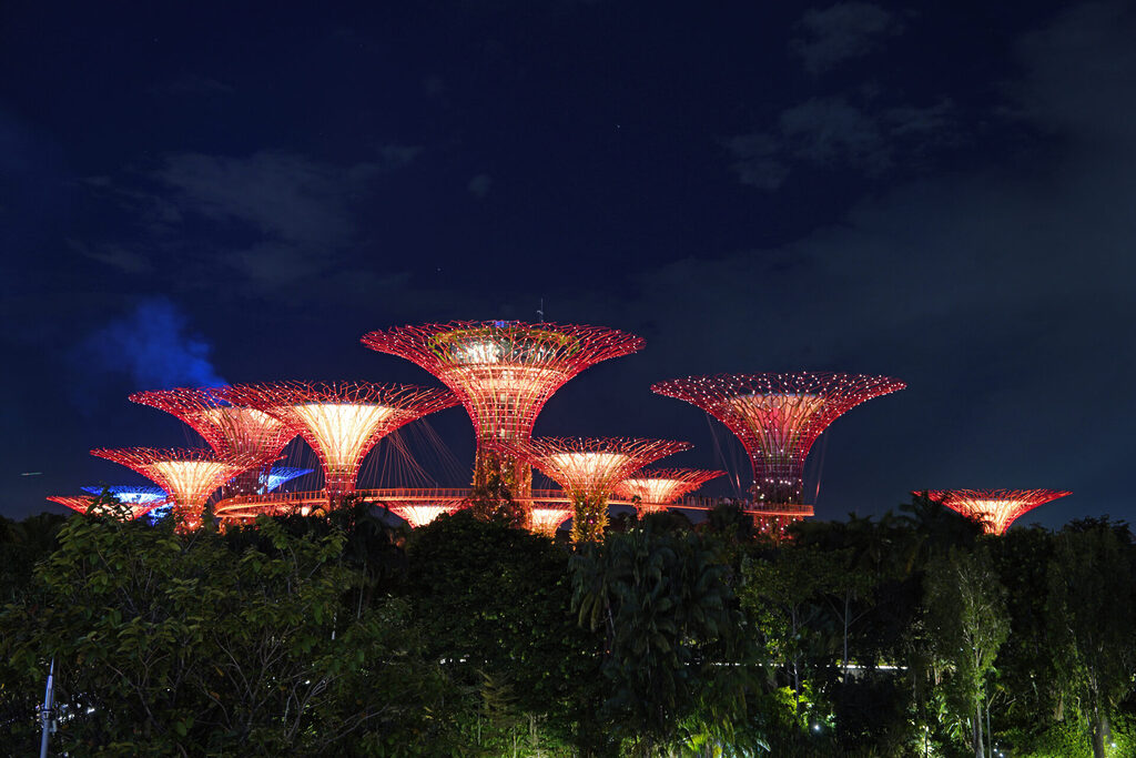 Die Light-Show am Abend in den Gardens by the Bay in Singapur mit den illuminierten Supertrees