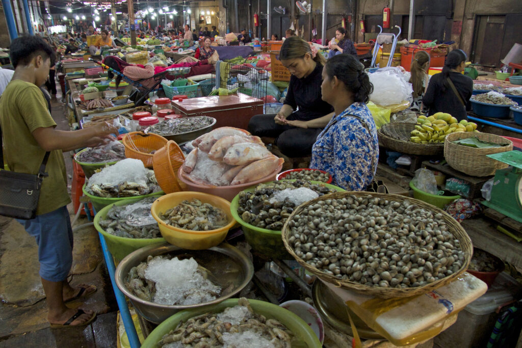Der Nachtmarkt in Siem Reap in Kambodscha bietet auch kulinarische Highlights wie Skorpion, Frosch, Schlange und Durian.