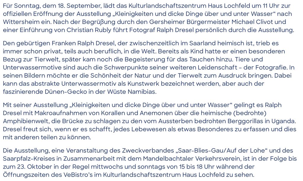 Ausstellung von Ralph Dresel vom Fotoblog und Reiseblog vonhierundunterwegs im Haus Lochfeld im Mandelbachtal