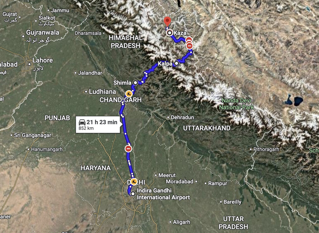 Die Wegstrecke zur Schneeleoparden-Exkursion führt von Delhi über Shimla, Gaza und Kalpa nach Kibber