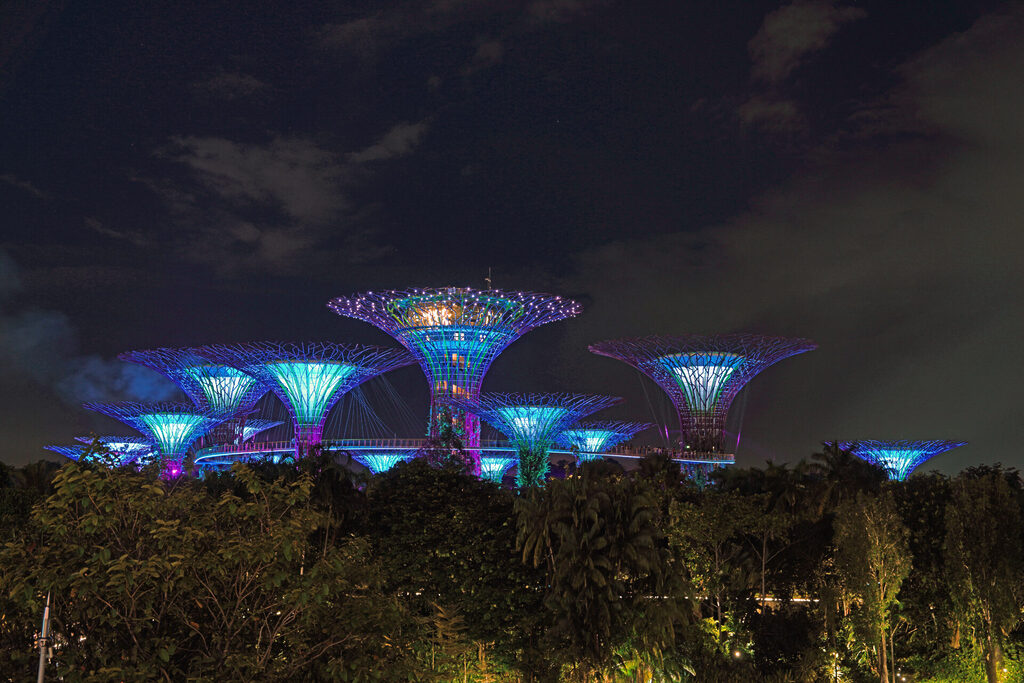 Die Light-Show am Abend in den Gardens by the Bay in Singapur mit den illuminierten Supertrees